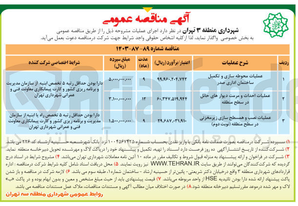 تصویر کوچک آگهی عملیات محوطه سازی و  تکمیل ساختمان اداری صدر 