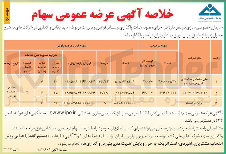 تصویر کوچک آگهی واگذاری سهام قابل واگذاری در شرکت های :ملی کشت و صنعت و دامپروری پارس ،پارس فولاد سبزوار ،ایران ترانسفو 