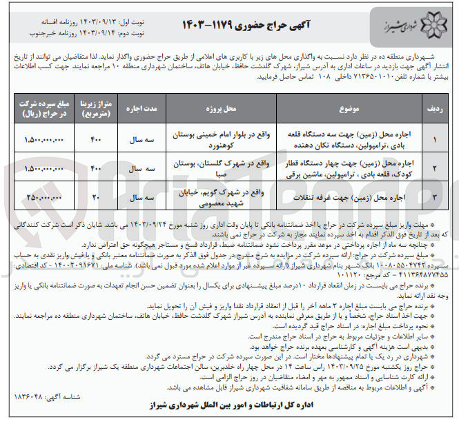 تصویر کوچک آگهی واگذاری محل های زیر :
1- اجاره محل (زمین) جهت سه دستگاه قلعه واقع در بلوار امام خمینی بوستان بادی ، ترامپولین دستگاه تکان دهنده 
2- اجاره محل (زمین) جهت چهار دستگاه قطار واقع در شهرک گلستان بوستان کودک قلعه بادی ترامپولین ماشین برقی 
3- اجاره محل (زمین) جهت غرفه تنقلات