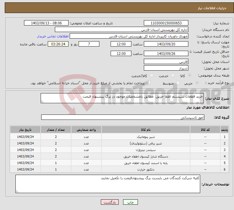 تصویر کوچک آگهی نیاز انتخاب تامین کننده-خرید قطعات سیستم اطفا حریق مطابق بامشخصات موجود در برگ پیشنهاد قیمت