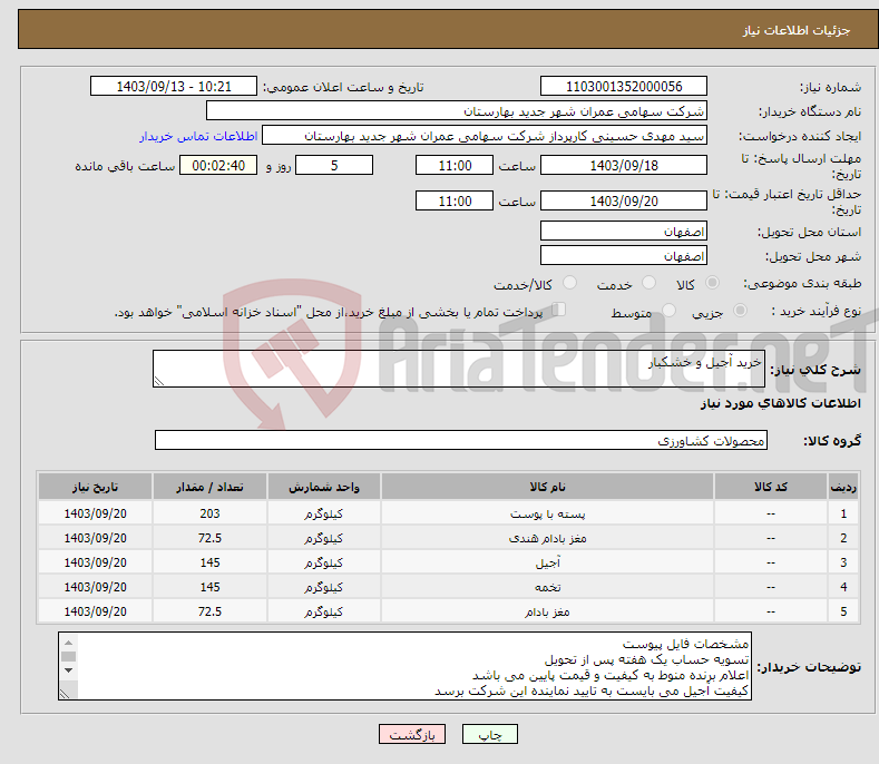 تصویر کوچک آگهی نیاز انتخاب تامین کننده-خرید آجیل و خشکبار