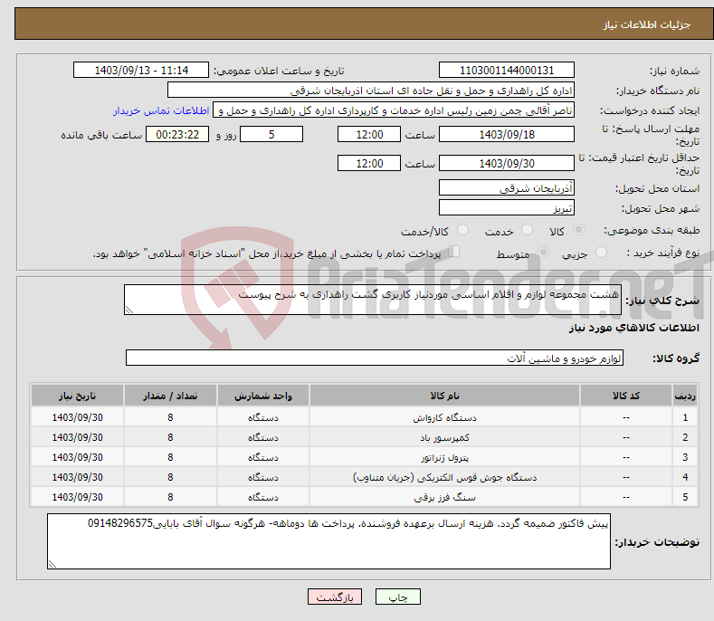 تصویر کوچک آگهی نیاز انتخاب تامین کننده-هشت مجموعه لوازم و اقلام اساسی موردنیاز کاربری گشت راهداری به شرح پیوست