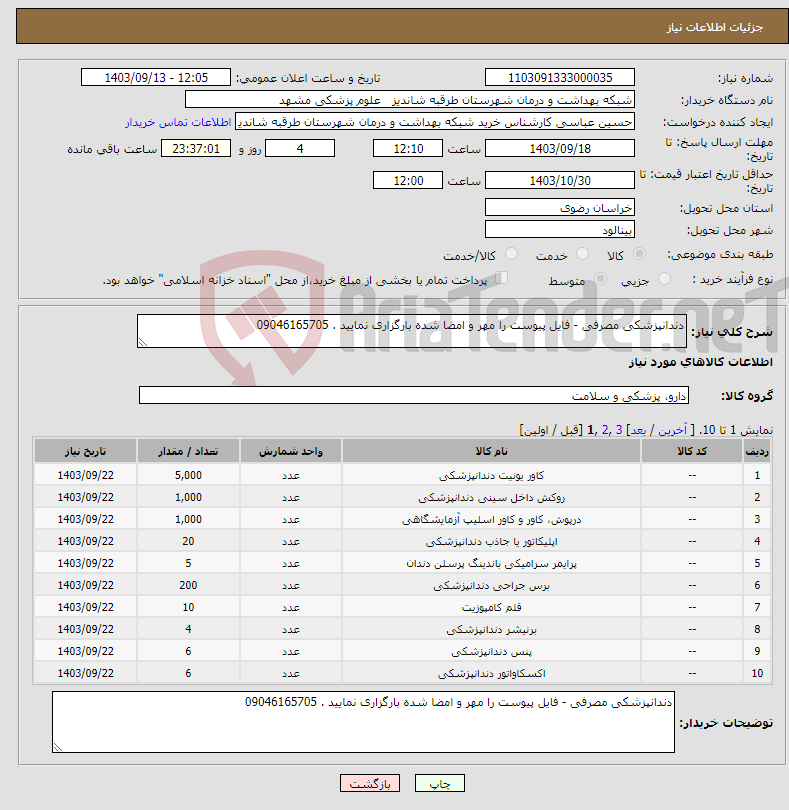 تصویر کوچک آگهی نیاز انتخاب تامین کننده-دندانپزشکی مصرفی - فایل پیوست را مهر و امضا شده بارگزاری نمایید . 09046165705