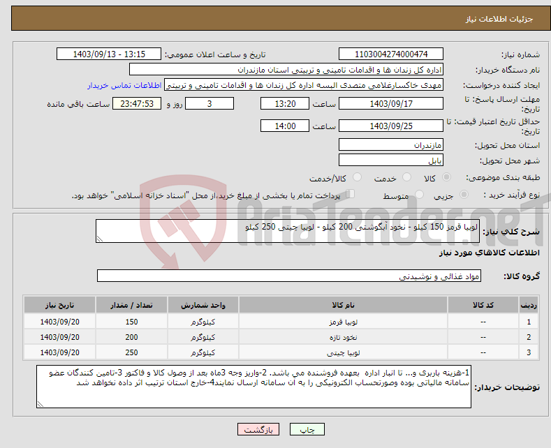 تصویر کوچک آگهی نیاز انتخاب تامین کننده-لوبیا قرمز 150 کیلو - نخود آبگوشتی 200 کیلو - لوبیا چیتی 250 کیلو