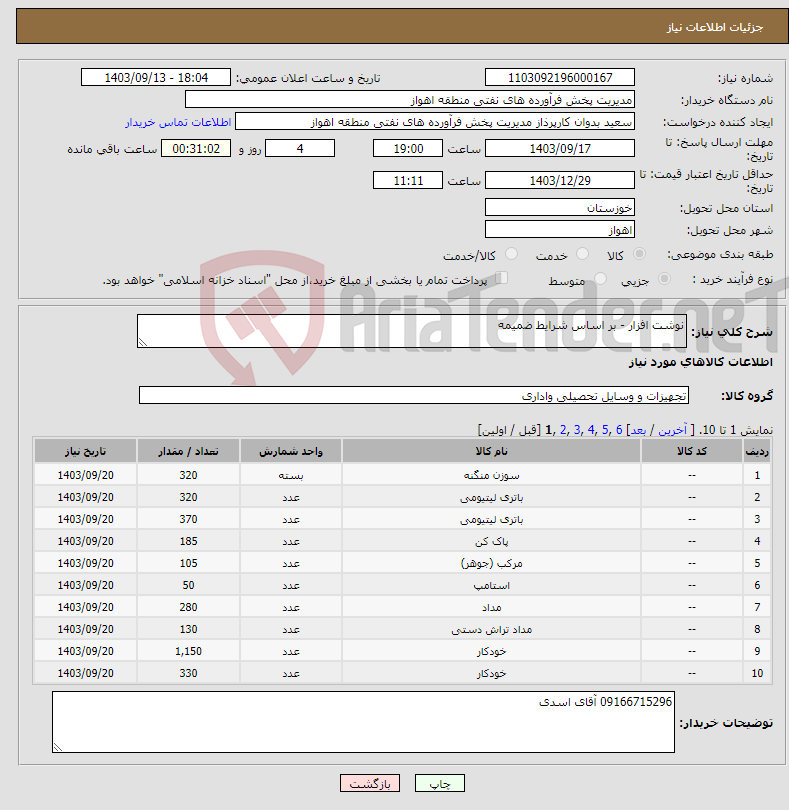 تصویر کوچک آگهی نیاز انتخاب تامین کننده-نوشت افزار - بر اساس شرایط ضمیمه