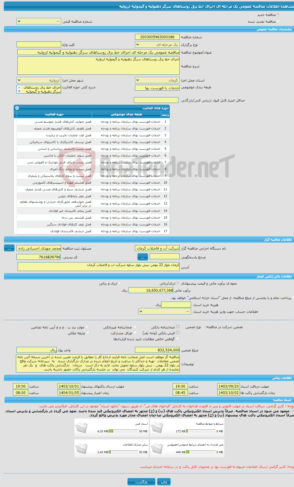 تصویر کوچک آگهی مناقصه عمومی یک مرحله ای اجرای خط برق روستاهای سرگز دهنوئیه و گیجوئیه ارزوئیه 