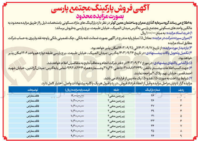 تصویر کوچک آگهی فروش پارکینگ های مازاد مسکونی در 9 دریف