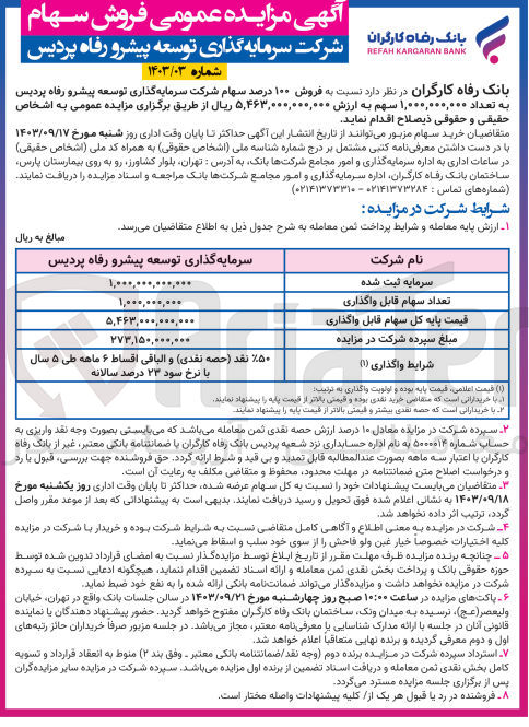 تصویر کوچک آگهی فروش 100 درصد سهام شرکت سرمایه گذاری توسعه پیشرو رفاه پردیس به تعداد 1/000/000/000 سهم 