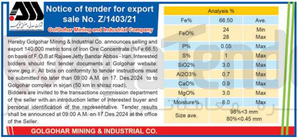 تصویر کوچک آگهی  announces selling and export 140.000 metric tons of Iron Ore Concentrate (%Fe:66.5) on basis of F.O.B