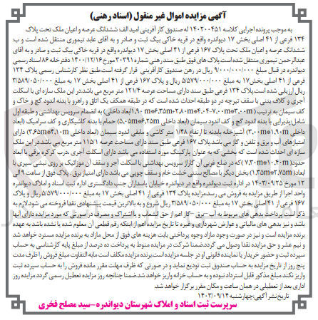 تصویر کوچک آگهی پرونده اجرایی کلاسه :140200451
فروش ملک به پلاک 134 و مساحت عرصه 121/4مترمربع 