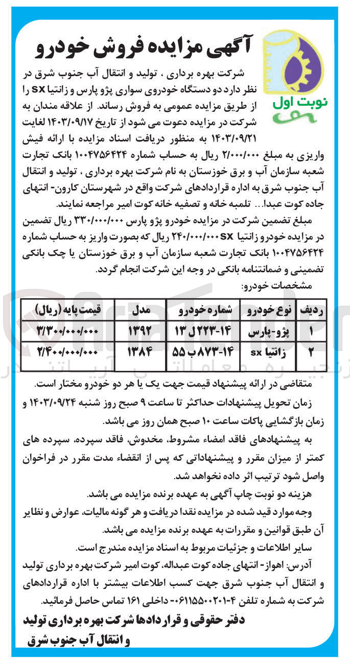 تصویر کوچک آگهی فروش دو دستگاه خودرو سواری پژوپارس و زانتیا 