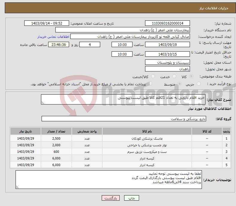 تصویر کوچک آگهی نیاز انتخاب تامین کننده-خرید اقلام دارویی به تعداد 21قلم کالا طبق لیست پیوستی