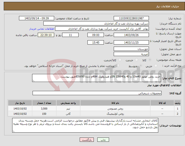 تصویر کوچک آگهی نیاز انتخاب تامین کننده-خرید روغن موتور 10w40 و 40 وSN 15W40و هیدرولیک 46Hو دنده 85W90طبق پیوست.
