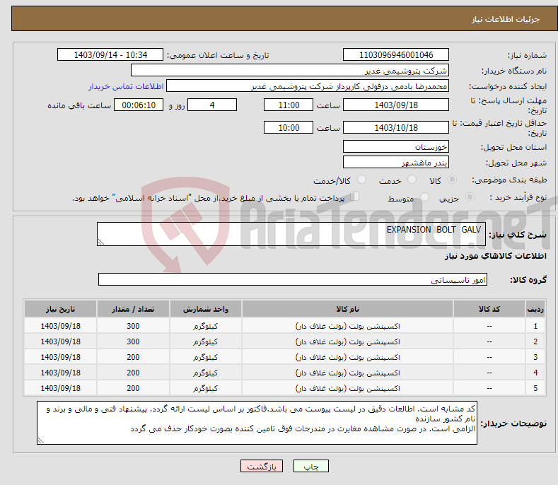 تصویر کوچک آگهی نیاز انتخاب تامین کننده- EXPANSION BOLT GALV