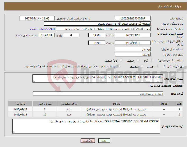 تصویر کوچک آگهی نیاز انتخاب تامین کننده-SDH STM-4 OSN500* SDH STM-1 OSN500 (اطلاعات تکمیلی به شرح پیوست می باشد)