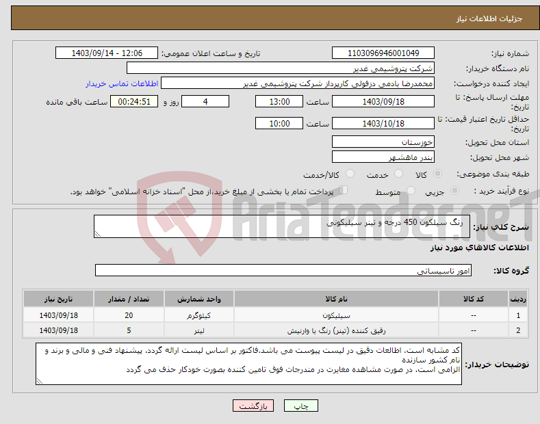 تصویر کوچک آگهی نیاز انتخاب تامین کننده- رنگ سیلکون 450 درجه و تینر سیلیکونی