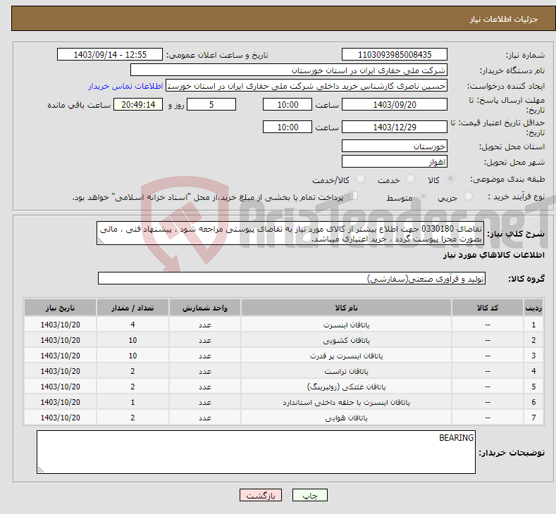 تصویر کوچک آگهی نیاز انتخاب تامین کننده-تقاضای 0330180 جهت اطلاع بیشتر از کالای مورد نیاز به تقاضای پیوستی مراجعه شود ، پیشنهاد فنی ، مالی بصورت مجزا پیوست گردد ، خرید اعتباری میباشد.