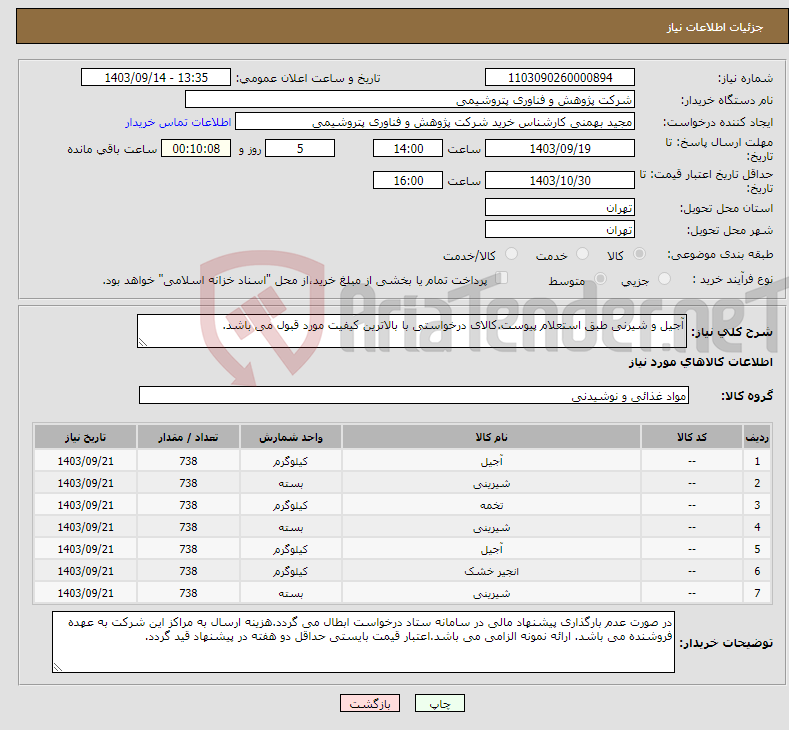 تصویر کوچک آگهی نیاز انتخاب تامین کننده-آجیل و شیرنی طبق استعلام پیوست.کالای درخواستی با بالاترین کیفیت مورد قبول می باشد.