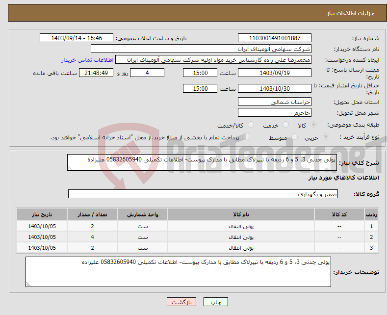 تصویر کوچک آگهی نیاز انتخاب تامین کننده-پولی چدنی 3، 5 و 6 ردیفه با تیپرلاک مطابق با مدارک پیوست- اطلاعات تکمیلی 05832605940 علیزاده