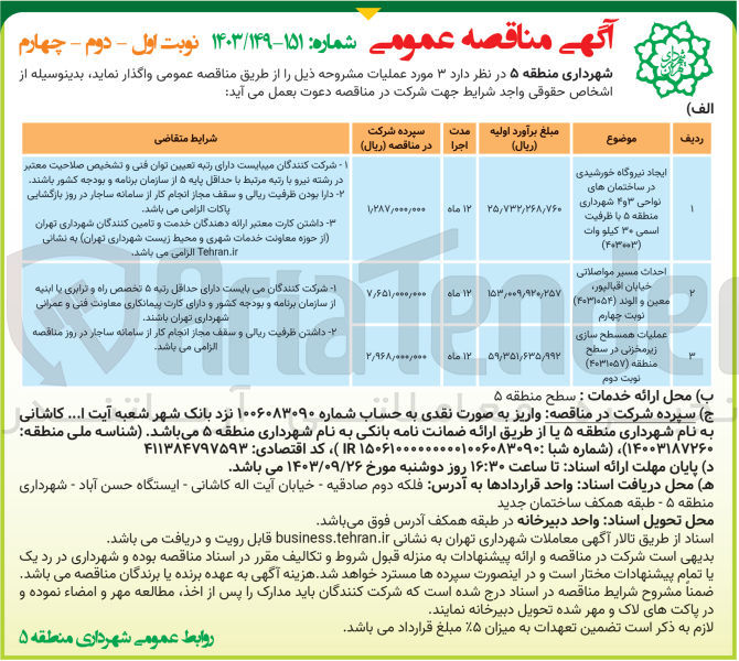 تصویر کوچک آگهی احداث مسیر مواصلاتی خیابان اقبالپور ،معین و الوند (4031054)