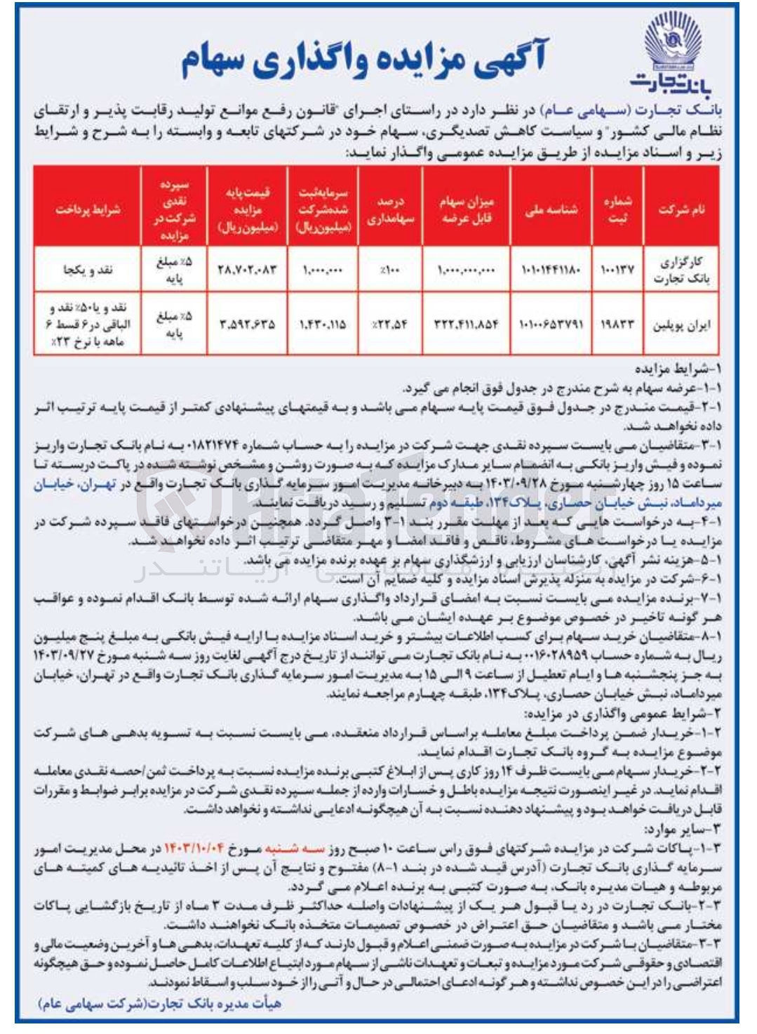 تصویر کوچک آگهی واگذاری سهام شرکت کارگذاری بانک تجارت و ایران پولین 