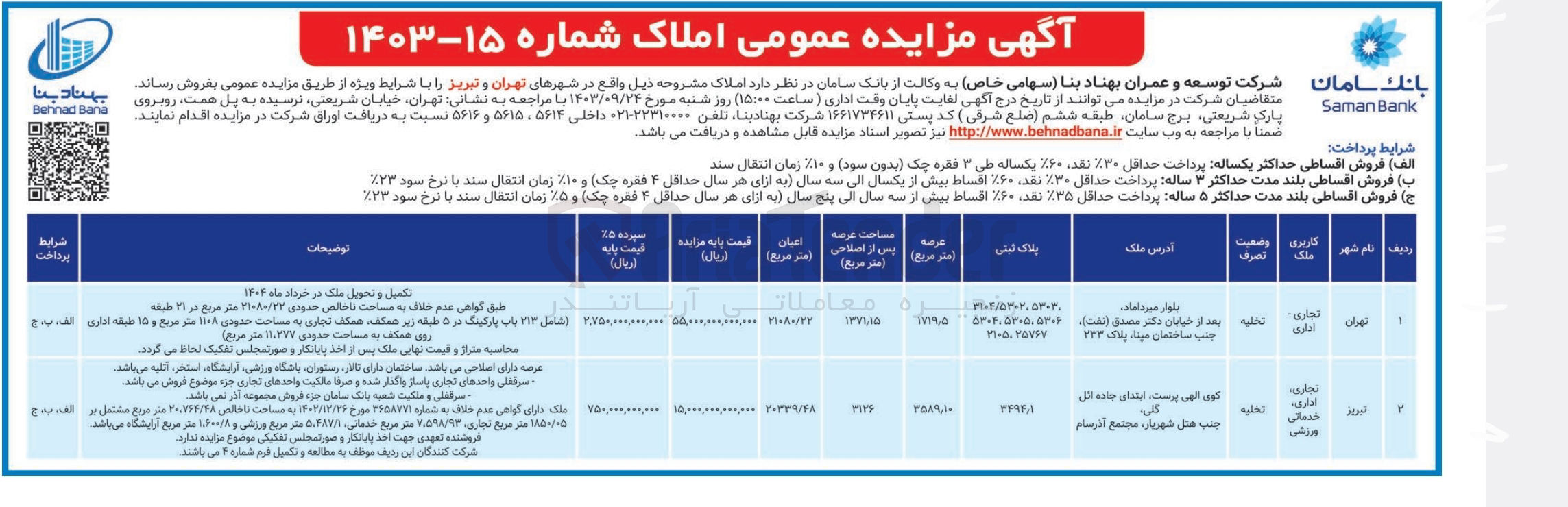 تصویر کوچک آگهی فروش املاک در دو ردیف باکاربری تجاری اداری ،تجاری اداری خدماتی ورزشی 