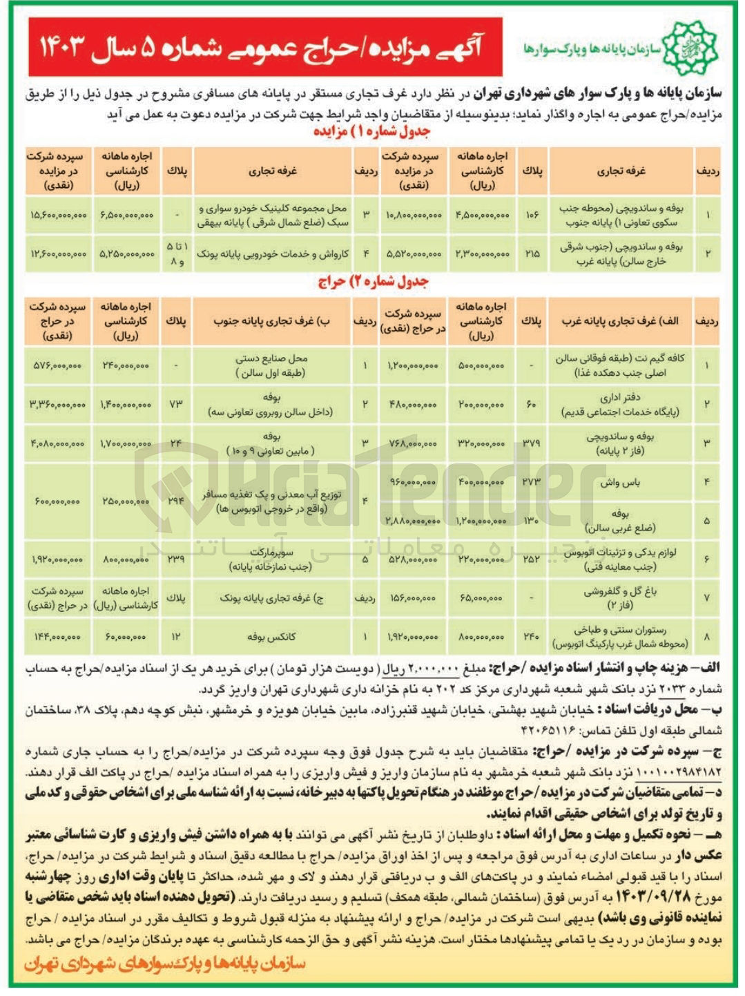 تصویر کوچک آگهی اجاره غرف تجاری مستقر در پایانه های مسافری :
بوفه و ساندویچی محوطه جنب سکوی تعاونی (۱) پایانه جنوب
بوفه و ساندویچی (جنوب شرقی خارج سالن) پایانه غرب
کافه گیم نت (طبقه فوقانی سالن اصلی جنب دهکده غذا)
دفتر اداری (پایگاه خدمات اجتماعی قدیم)
بوفه و ساندویچی (فاز ۲ پایانه)
باس واش
بوفه (ضلع غربی سالن)
لوازم یدکی و تزئینات اتوبوس جنب معاینه فنی
باغ گل و گلفروشی (فاز ۲)
رستوران سنتی و طباخی محوطه شمال غرب پارکینگ اتوبوس