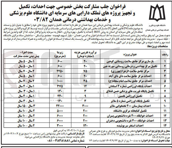 تصویر کوچک آگهی بازسازی مرکز جامع سلامت روستایی کوهین به روش سرمایه گذاری bot