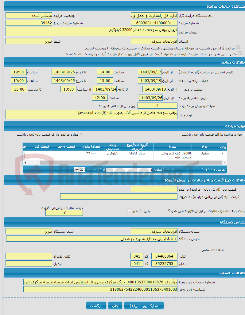 تصویر کوچک آگهی فروش روغن سوخته به مقدار 32000 کیلوگرم