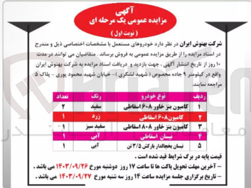 تصویر کوچک آگهی فروش خودروهای مستعمل زیر :
کامیون بنز خاور ۶۰۸ اسقاطی
کامیون ۶۰۸ اسقاطی
کامیون بنز خاور ۸۰۸ اسقاطی 
نیسان اسقاطی
نیسان یخچالدار بارکش ۳/۵ تن