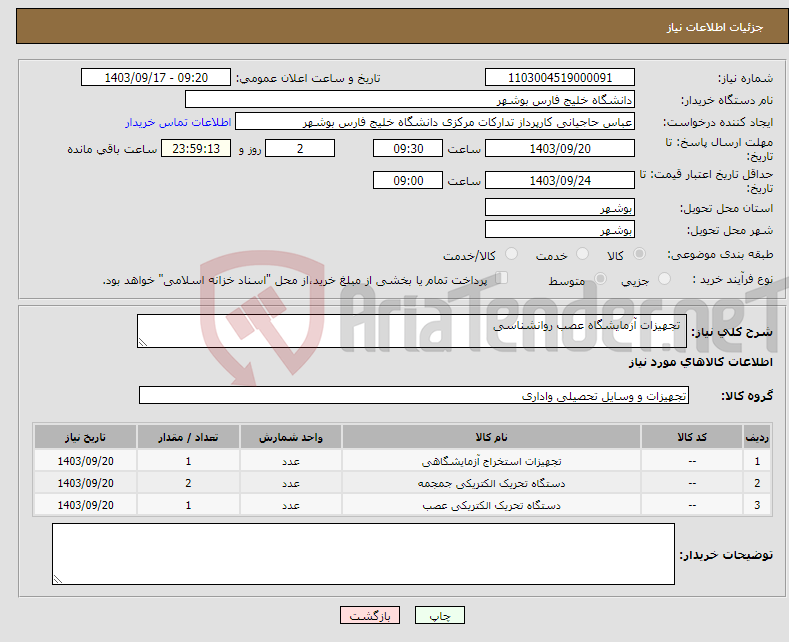 تصویر کوچک آگهی نیاز انتخاب تامین کننده- تجهیزات آزمایشگاه عصب روانشناسی