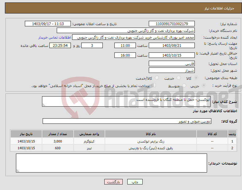 تصویر کوچک آگهی نیاز انتخاب تامین کننده-اپوکسی- حمل تا منطقه کنگان با فروشنده است