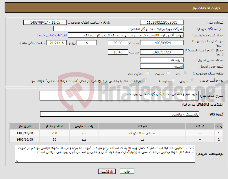 تصویر کوچک آگهی نیاز انتخاب تامین کننده-خرید میز و صندلی پلاستیکی کودک طبق پیوست.