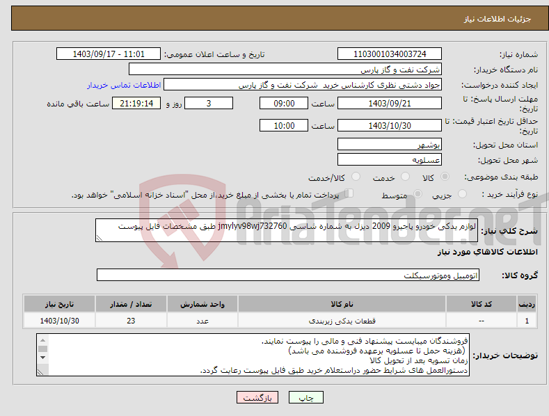 تصویر کوچک آگهی نیاز انتخاب تامین کننده-لوازم یدکی خودرو پاجیرو 2009 دیزل به شماره شاسی jmylyv98wj732760 طبق مشخصات فایل پیوست