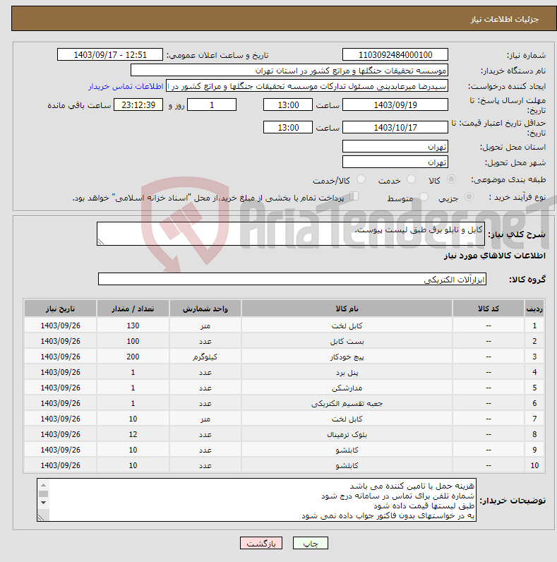 تصویر کوچک آگهی نیاز انتخاب تامین کننده-کابل و تابلو برق طبق لیست پیوست.
