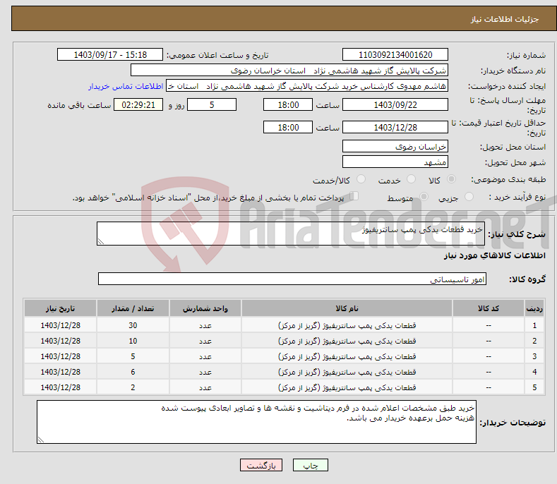 تصویر کوچک آگهی نیاز انتخاب تامین کننده-خرید قطعات یدکی پمپ سانتریفیوژ