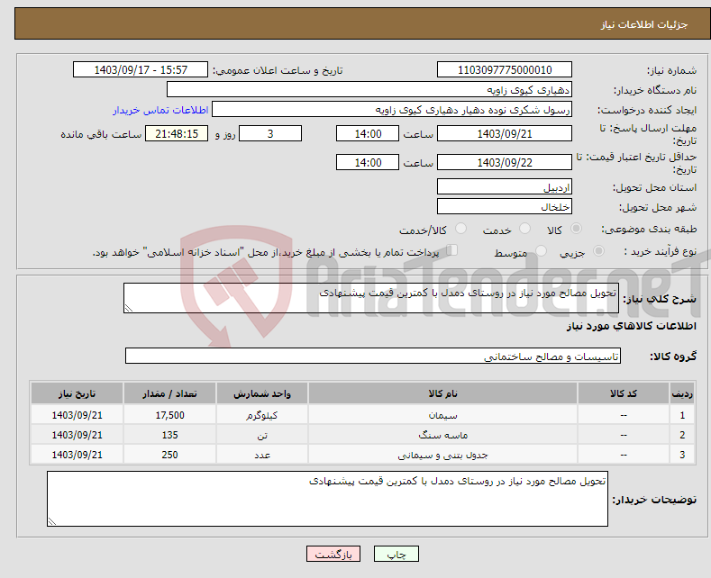 تصویر کوچک آگهی نیاز انتخاب تامین کننده-تحویل مصالح مورد نیاز در روستای دمدل با کمترین قیمت پیشنهادی