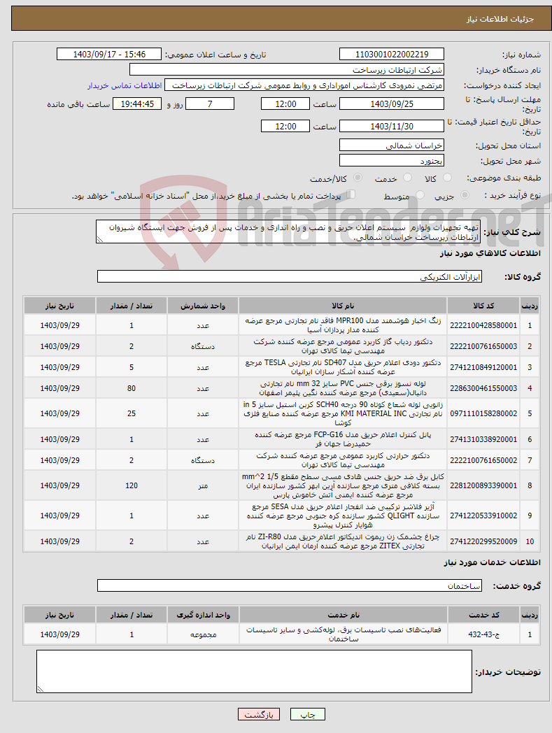 تصویر کوچک آگهی نیاز انتخاب تامین کننده-تهیه تجهیزات ولوازم سیستم اعلان حریق و نصب و راه اندازی و خدمات پس از فروش جهت ایستگاه شیروان ارتباطات زیرساخت خراسان شمالی.