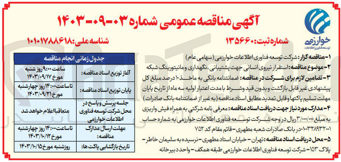 تصویر کوچک آگهی استقرار نیروی انسانی جهت پشتیبانی ،نگهداری و  مانیتورینگ شبکه 