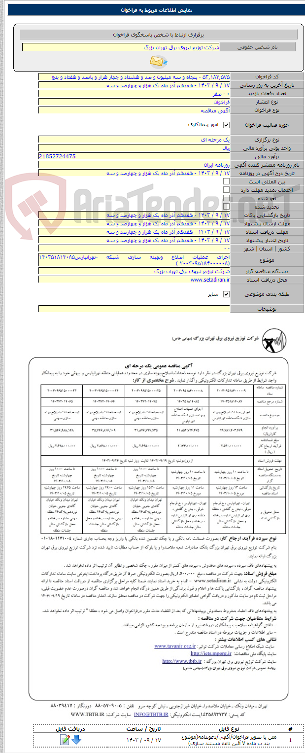 تصویر کوچک آگهی اجرای عملیات اصلاح وبهینه سازی شبکه -تهرانپارس۱۴۰۳۵۱۸۱۴۰۸۵ (۲۰۰۳۰۹۵۱۸۴۰۰۰۰۰۸ )