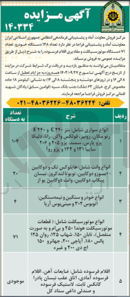 تصویر کوچک آگهی فروش تعداد ۱۲۸ دستگاه خودرو، تعداد ۷۱ دستگاه موتورسیکلت و مقادیری اقلام فرسوده 