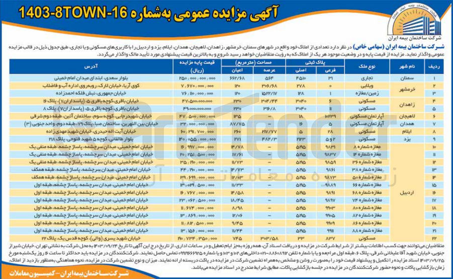 تصویر کوچک آگهی فروش تعدادی از املاک در شهرهای سمنان، خرمشهر، زاهدان، لاهیجان، همدان، ایلام، یزد، اردبیل با کاربری تجاری، ویلایی، مسکونی در 22 ردیف