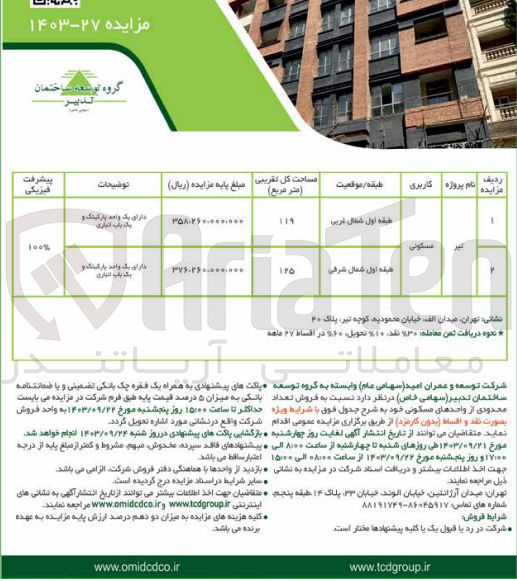تصویر کوچک آگهی فروش تعداد محدودی از واحد های مسکونی در دو ردیف 