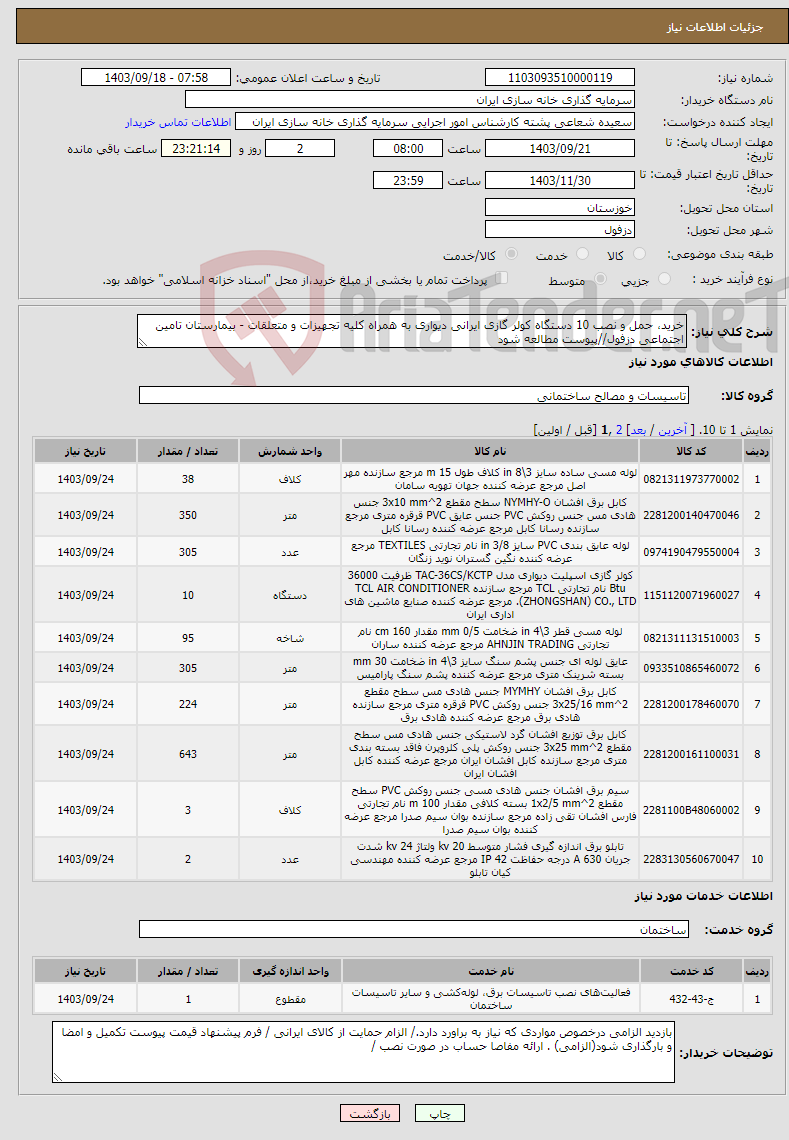 تصویر کوچک آگهی نیاز انتخاب تامین کننده-خرید، حمل و نصب 10 دستگاه کولر گازی ایرانی دیواری به همراه کلیه تجهیزات و متعلقات - بیمارستان تامین اجتماعی دزفول//پیوست مطالعه شود