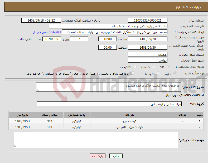 تصویر کوچک آگهی نیاز انتخاب تامین کننده- در صورت عدم کیفیت اقلام مرجوع میشود