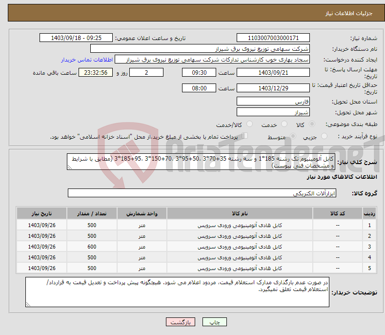 تصویر کوچک آگهی نیاز انتخاب تامین کننده-کابل آلومینیوم تک رشته 185*1 و سه رشته 35+70*3 ،50+95*3 ،70+150*3 ،95+185*3 (مطابق با شرایط و مشخصات فنی پیوست)