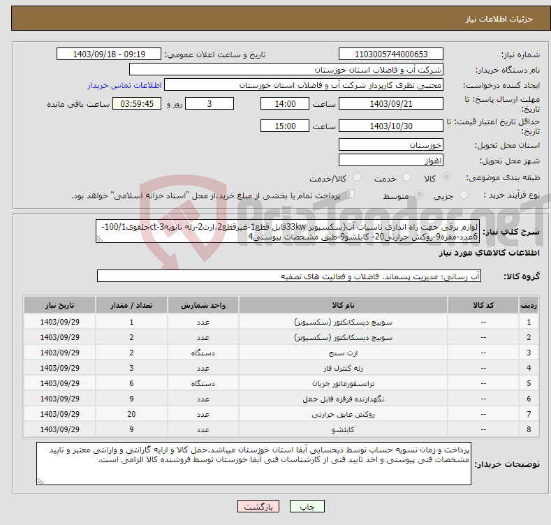 تصویر کوچک آگهی نیاز انتخاب تامین کننده-لوازم برقی جهت راه اندازی تاسیات آب(سکسیونر 33kwقابل قطع1-غیرقطع2،ارت2-رله ثانویه3-ctحلقوی100/1-6عدد-مقره9-روکش حرارتی20- کابلشو9-طبق مشخصات پیوستی4