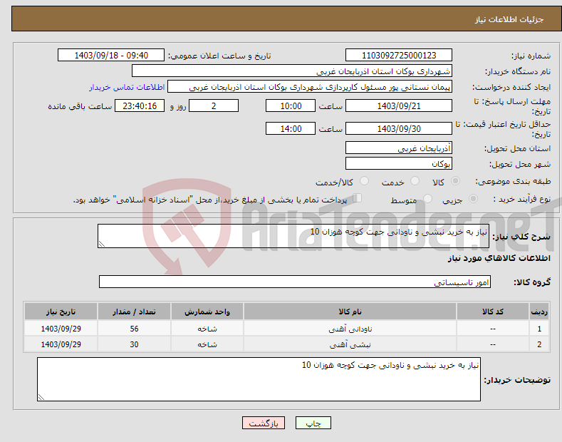 تصویر کوچک آگهی نیاز انتخاب تامین کننده-نیاز به خرید نبشی و ناودانی جهت کوچه هوزان 10