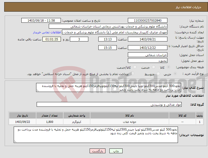 تصویر کوچک آگهی نیاز انتخاب تامین کننده-نخود500 کیلو عدس500کیلو لوبیا چیتی500کیلو لپه150کیلولوبیاقرمز150کیلو هزینه حمل و تخلیه با فروشنده مدت پرداخت دو ماهه به شرط پخت باشد وتمیز 