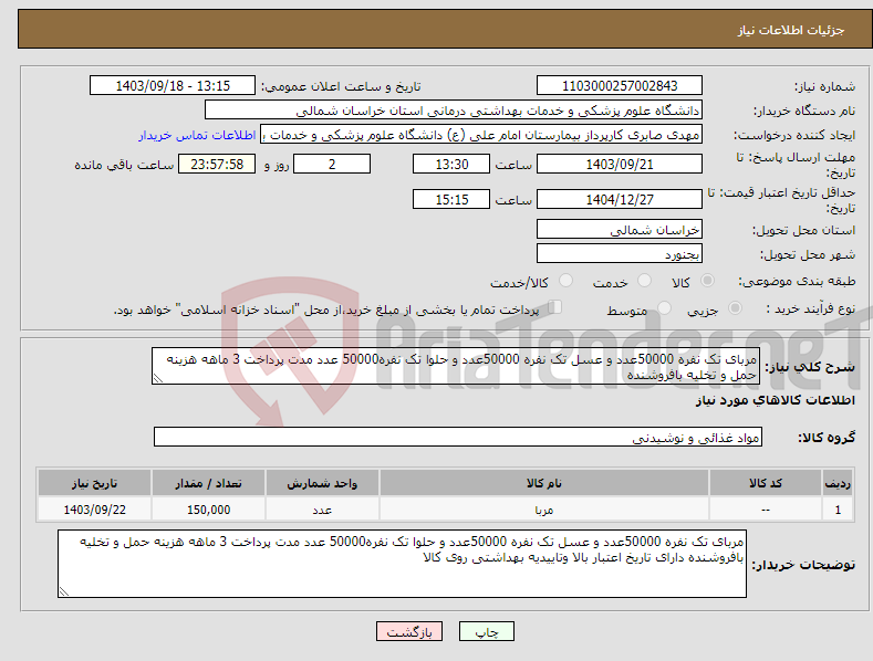 تصویر کوچک آگهی نیاز انتخاب تامین کننده-مربای تک نفره 50000عدد و عسل تک نفره 50000عدد و حلوا تک نفره50000 عدد مدت پرداخت 3 ماهه هزینه حمل و تخلیه بافروشنده 